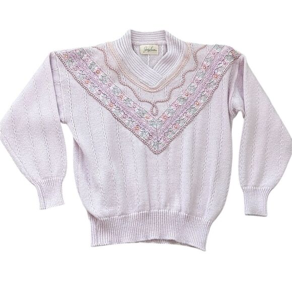 Vintage Sweaters - Vintage Jaclyn Smith Purple Lace Floral Pearl Cottagecore Sweater